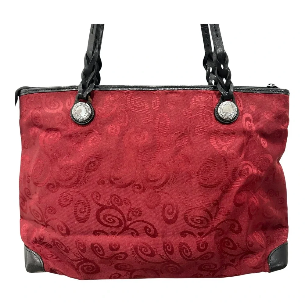 Brighton Red Jacquard Scroll Tote Bag Black Leather Trim Silver Buttons C798985